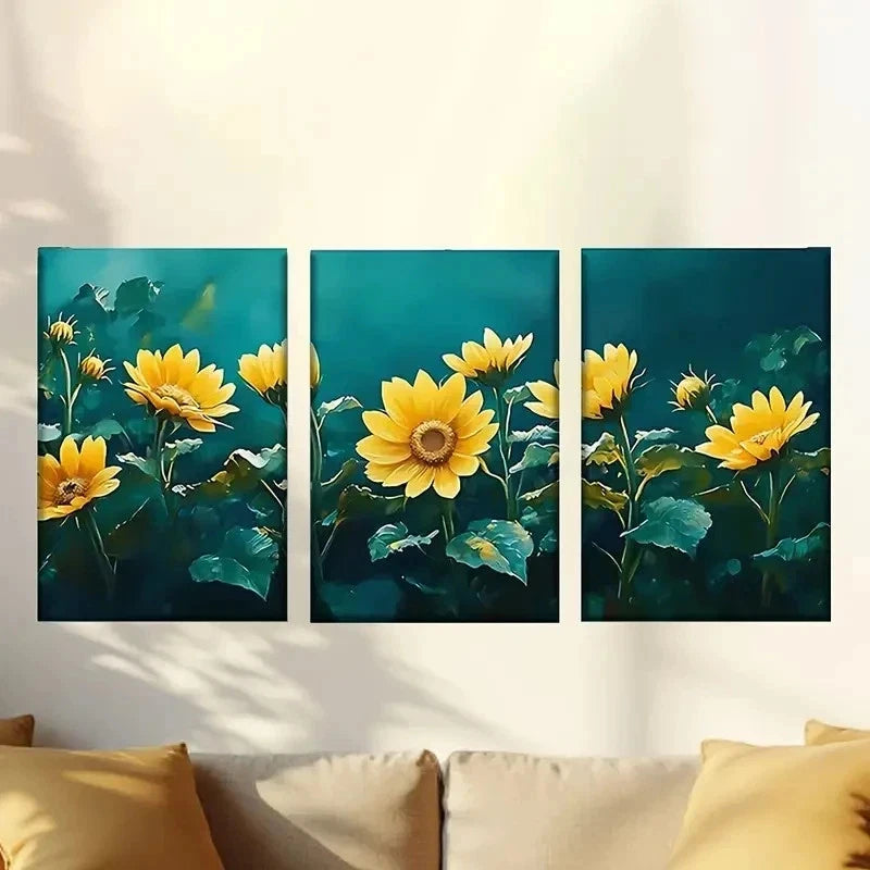 3pcs  Yellow Flowers on a Blue Background Wall Art Set Canvas Framed 60x90cm - High Quality Print 100% Australian Made Wall Canvas Ready to Hang - Bella Home Decor