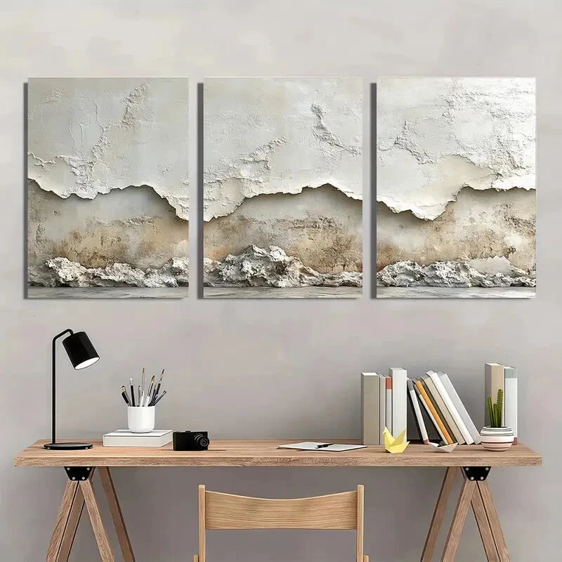 3pcs Minimalist Beige Textured Wall Art Metal Print Ready to Hang Art - Bella Home Decor