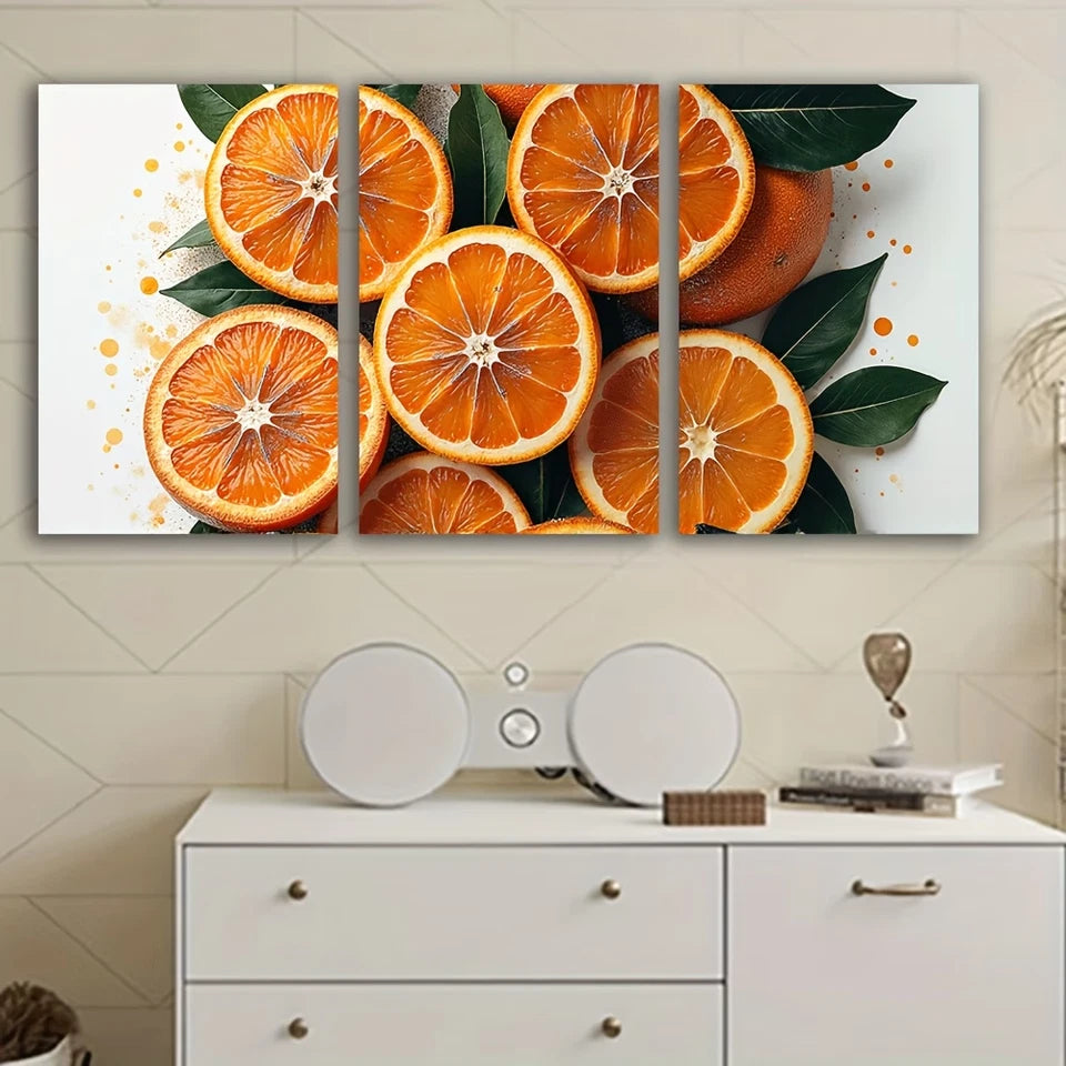 3pcs Vibrant Orange Slices with Green Leaves Wall Art Set Canvas Framed 50x70cm - High Quality Print 100% Australian Made Wall Canvas Ready to Hang