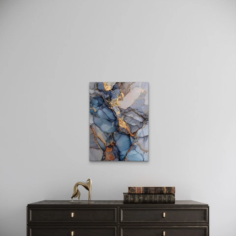 Abstract Fluid Gray Blue Marble & Golden Veins Metal Print Ready to Hang