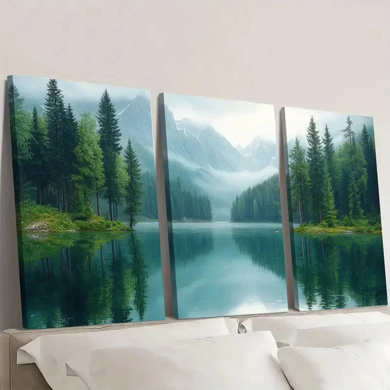 3pcs Emerald Green Pastel Pine Tree Forest HJ  Wall Art Set Canvas Framed 60x90cm - High Quality Print 100% Australian Made Wall Canvas Ready to Hang