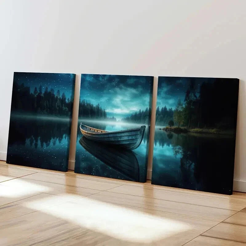 3pcs Tranquil Lake Starry Night Wooden Boat Wall Art Set Canvas Framed 40x60cm - High Quality Print 100% Australian Made Wall Canvas Ready to Hang - Bella Home Decor