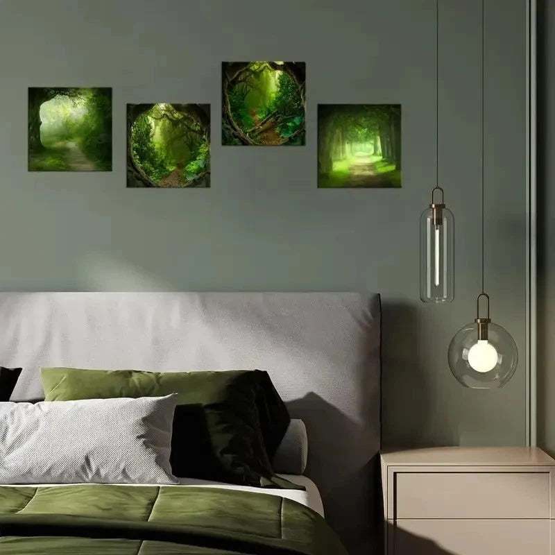 4pcs Green Forest  Wall Art Canvas Framed