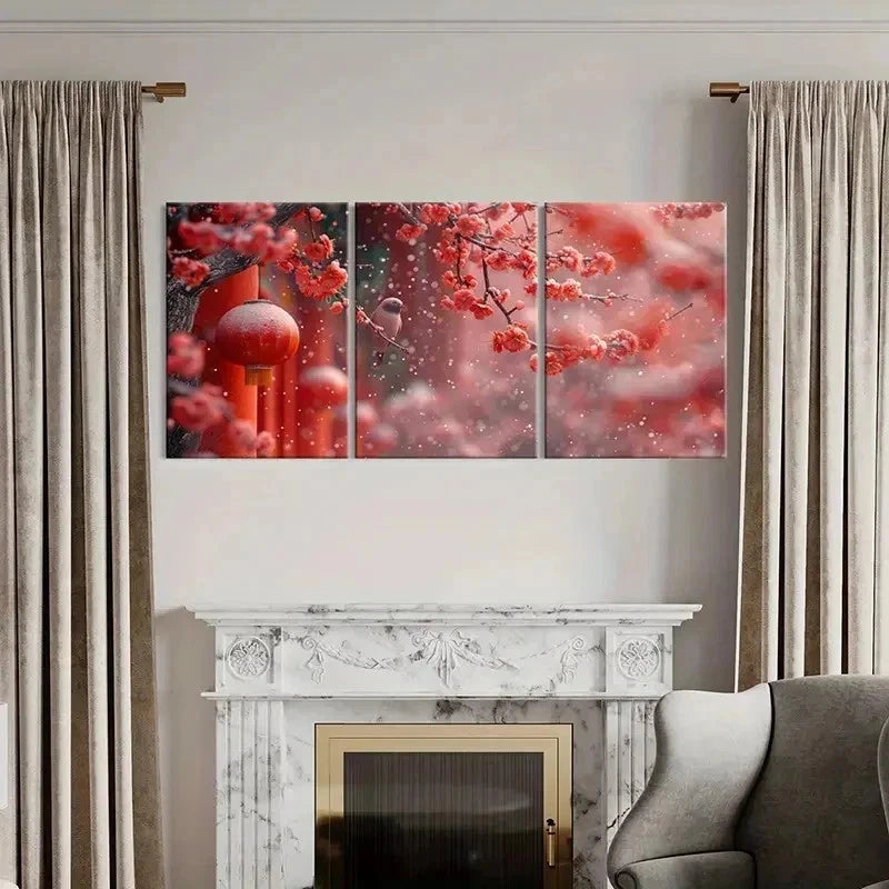 3pcs Red Festive Plum Blossoms Chinese Wall Art Set Canvas Framed 60x90cm - High Quality Print 100% Australian Made Wall Canvas Ready to Hang