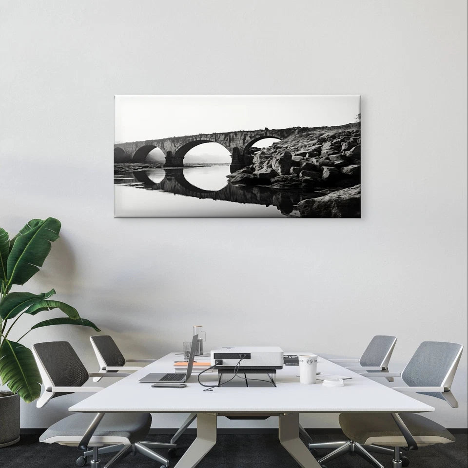 Black & White Stone Arch Bridge River Wall Art Canvas Office Home Framed 120x60cm