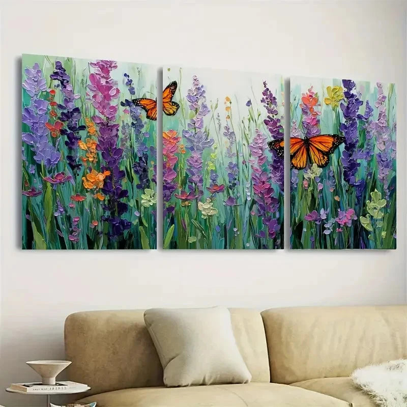 3pcs Butterfly Lavender Wildflowers Wall Art Set Canvas Framed 50x70cm - High Quality Print 100% Australian Made Wall Canvas Ready to Hang - Bella Home Decor