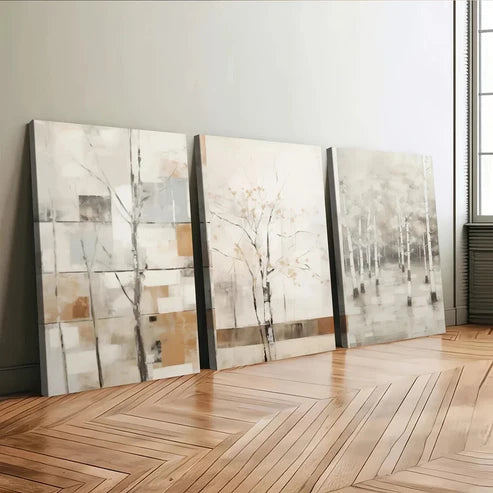 3pcs Nature Autumn Modern Gray Trees White Brown Wall Art Set Canvas Unframed - High Quality Print 100% Australian Made Wall Canvas