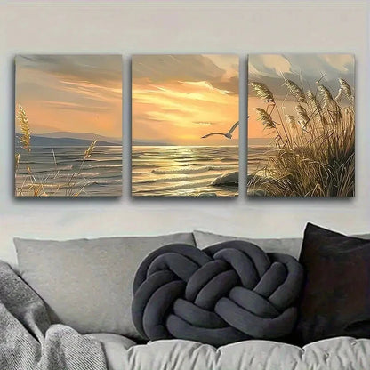 3pcs Seaside Sunset Landscape Wall Art Set Canvas Framed 50x70cm - High Quality Print 100% Australian Made Wall Canvas Ready to Hang