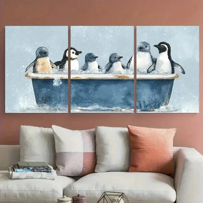 3pcs Vibrant Penguins In Bathtub Perfect Wall Art Set Canvas Framed 40x60cm - High Quality Print 100% Australian Made Wall Canvas Ready to Hang