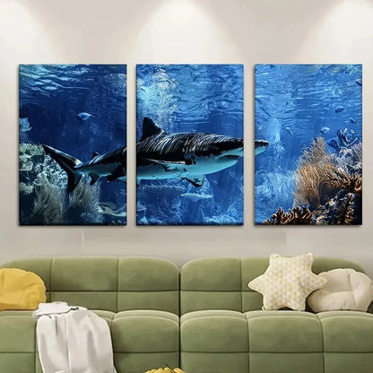 3pcs Shark with Open Mouth Painting Metal Print Ready to Hang Art
