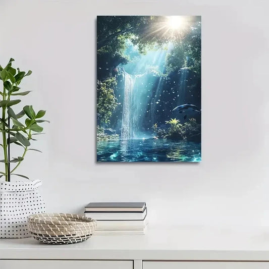 Cyberpunk Shark Waterfall Scene with Sunlight Painting 40x60cm Metal Print Ready to Hang - Bella Home Decor