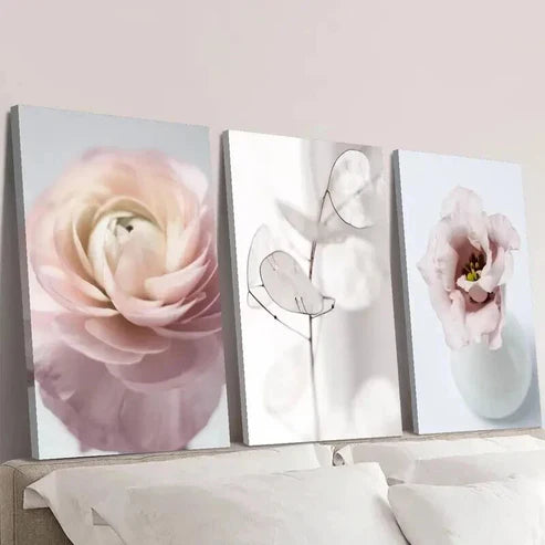 3pcs Pink Tudan Roses and Silver Fan Leaves Wall Art Set Canvas Unframed - High Quality Print 100% Australian Made Wall Canvas