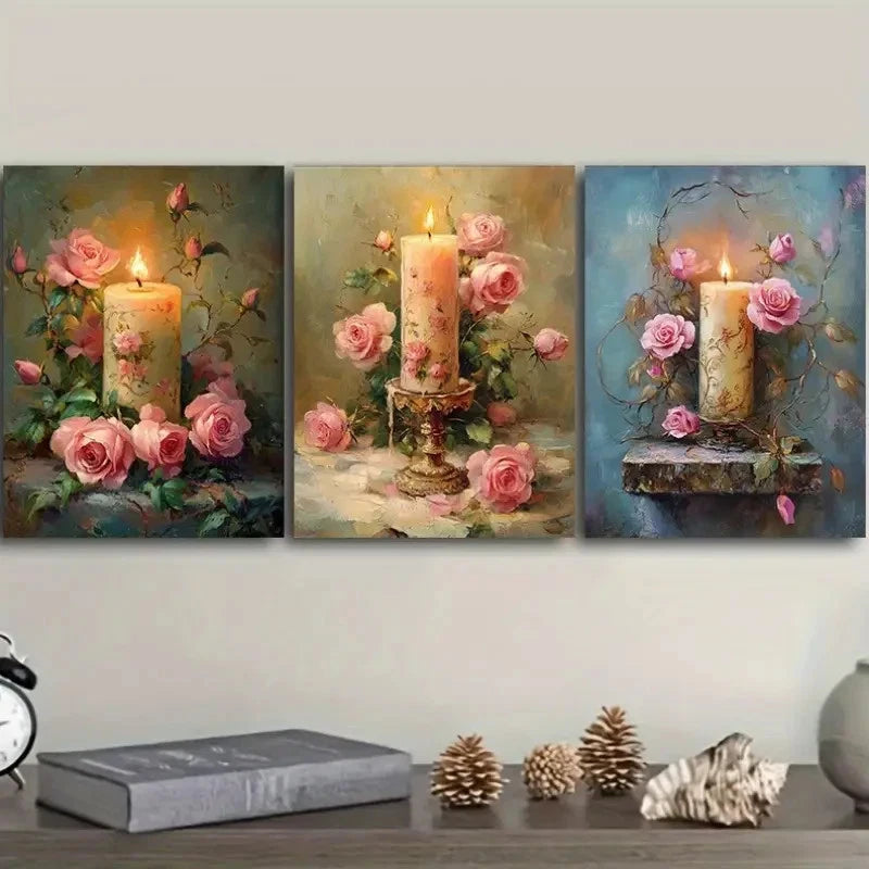 3pcs Pink Roses & Candle Wall Art Set Canvas Framed 60x90cm - High Quality Print 100% Australian Made Wall Canvas Ready to Hang