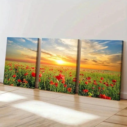 3pcs Flower Field Sunset Natural Wall Art Set Canvas Framed 40x60cm - High Quality Print 100% Australian Made Wall Canvas Ready to Hang - Bella Home Decor