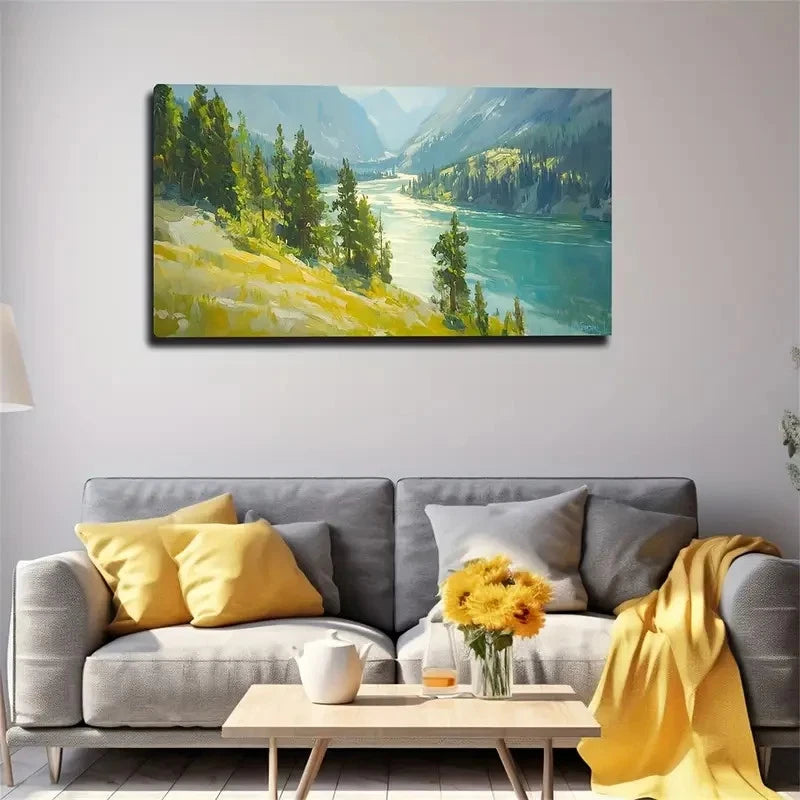 Tranquil Mountain Forest River Wall Art Canvas Office Home Room Framed 120x60cm