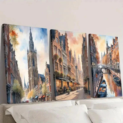 3pcs Autumn Streets of Amsterdam Landscape Wall Art Set Canvas Unframed - High Quality Print 100% Australian Made Wall Canvas - Bella Home Decor