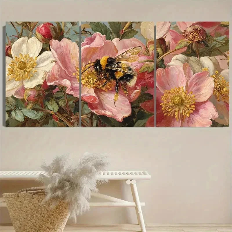 3pcs Honey Bee in Pink Flowers Vintage Wall Art Set Canvas Framed 40x60cm - High Quality Print 100% Australian Made Wall Canvas Ready to Hang - Bella Home Decor