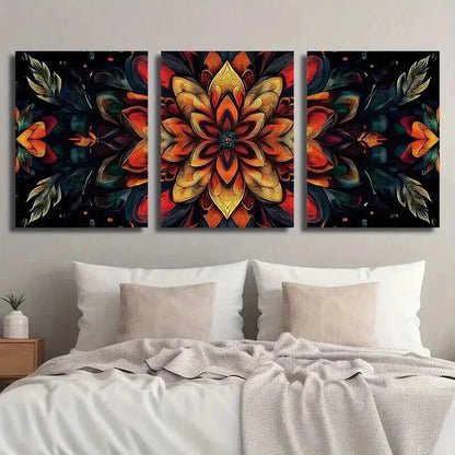 3pcs Mandala Flowers on Black Background Wall Art Set Canvas Framed 50x70cm - High Quality Print 100% Australian Made Wall Canvas Ready to Hang