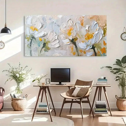 White Blooming Flowers Décor Wall Art Canvas Office Home Room Framed 120x60cm - Bella Home Decor