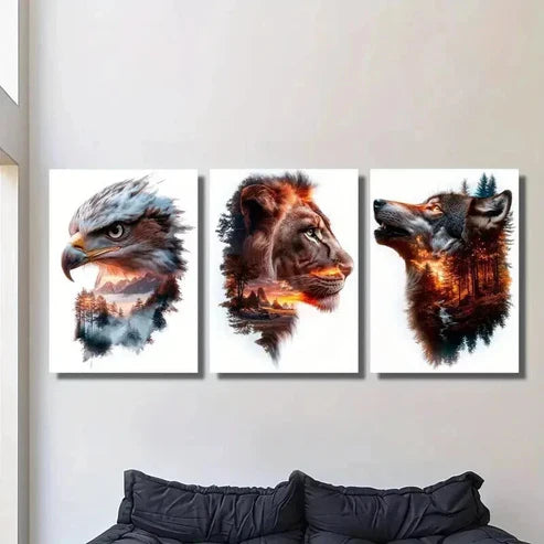 3pcs Eagle Lion Wolf Portraits and Nature Wall Art Canvas Unframed - High Quality Print 100% Australian Made Wall Canvas - Bella Home Decor