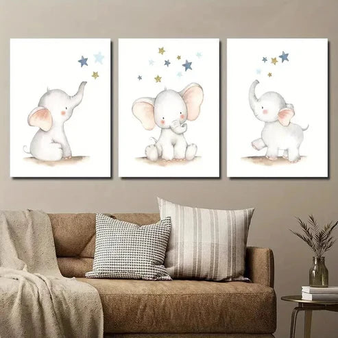 3pcs Elephant Star Art Cute Elephant  Wall Art Set Canvas Unframed - High Quality Print 100% Australian Made Wall Canvas