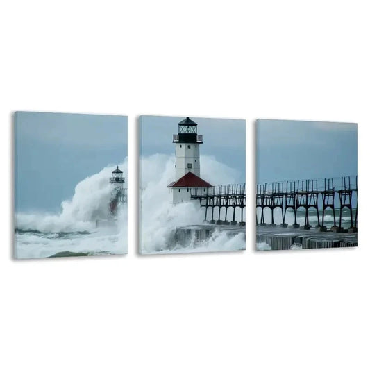 3pcs A Lighthouse Stands Against The Storm Wall Art Set Canvas Framed 40x60cm - High Quality Print 100% Australian Made Wall Canvas Ready to Hang