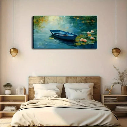 Serene Blue Boat Amongst Lilies Wall Art Canvas Office Home Room Framed 120x60cm - Bella Home Decor