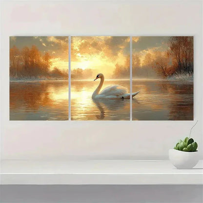3pcs Elegant Swan Painting with Golden Sunset S Wall Art Set Canvas Unframed - High Quality Print 100% Australian Made Wall Canvas - Bella Home Decor