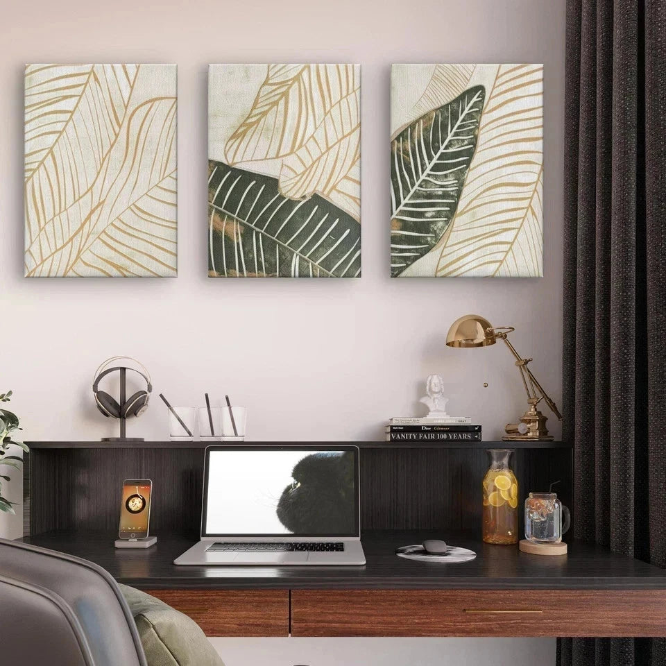 3pcs Modern Neutral Botanical Leaf Line Art Wall Art Set Canvas Framed 50x70cm - High Quality Print 100% Australian Made Wall Canvas Ready to Hang