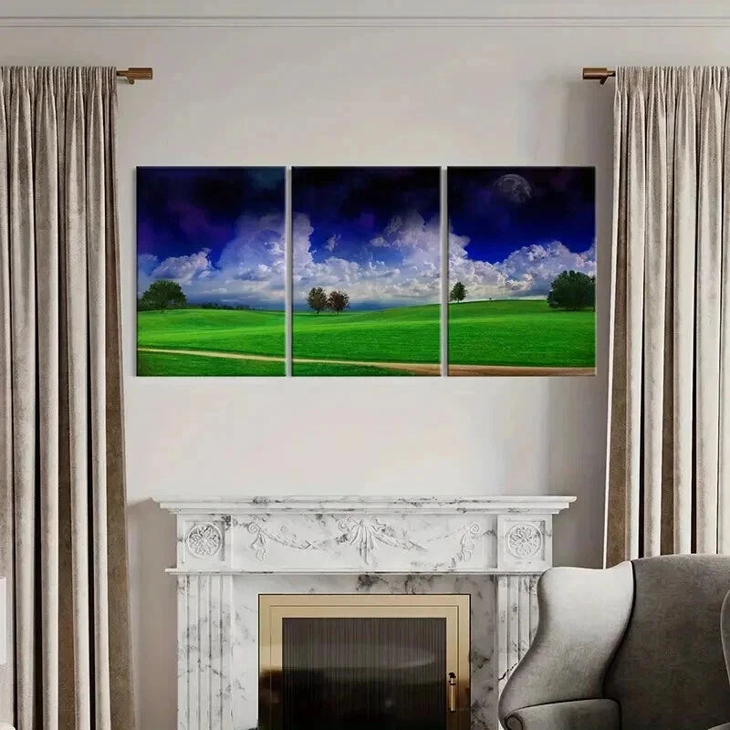 3pcs Lush Meadow Dramatic Cloudy Sky & Trees Wall Art Set Canvas Framed 60x90cm - High Quality Print 100% Australian Made Wall Canvas Ready to Hang - Bella Home Decor