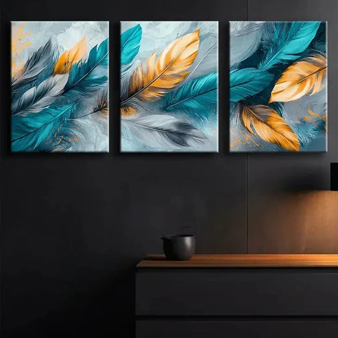 3pcs Turquoise Feather Abstract Blue Perfect Wall Art Set Canvas Unframed - High Quality Print 100% Australian Made Wall Canvas