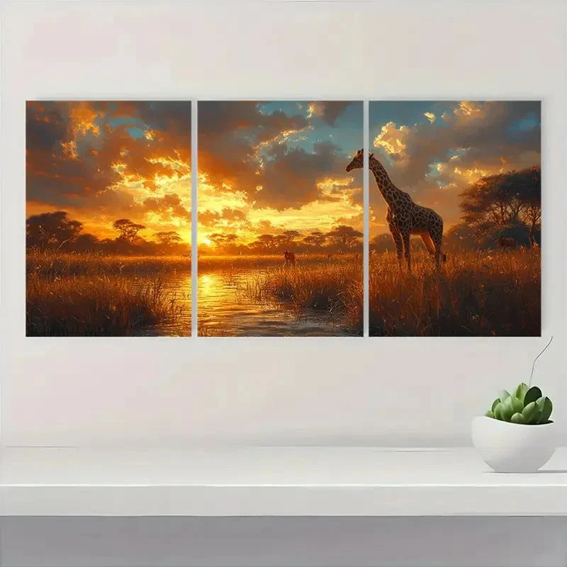 3pcs Afternoon In Africa Fine Animal Art S    Wall Art Set Canvas Framed 50x70cm - High Quality Print 100% Australian Made Wall Canvas Ready to Hang - Bella Home Decor
