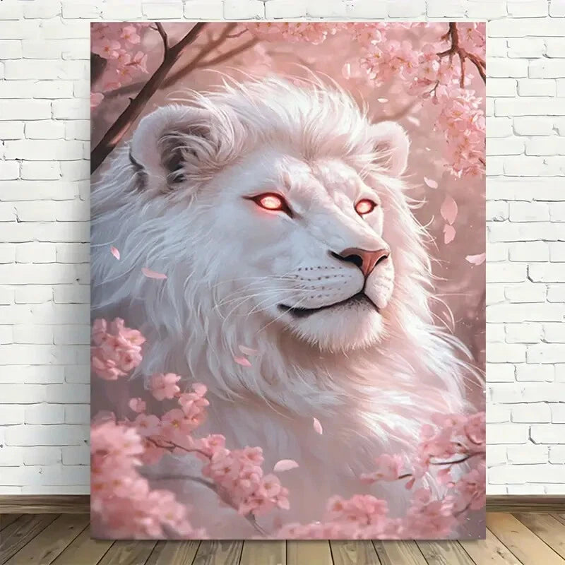 Beautiful White Lion Cherry Blossoms Fantasy Painting 40x60cm Metal Print Ready to Hang - Bella Home Decor
