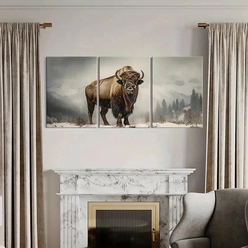 3pcs Majestic Bull with Snowy Mountains Wall Art Set Canvas Framed 40x60cm - High Quality Print 100% Australian Made Wall Canvas Ready to Hang