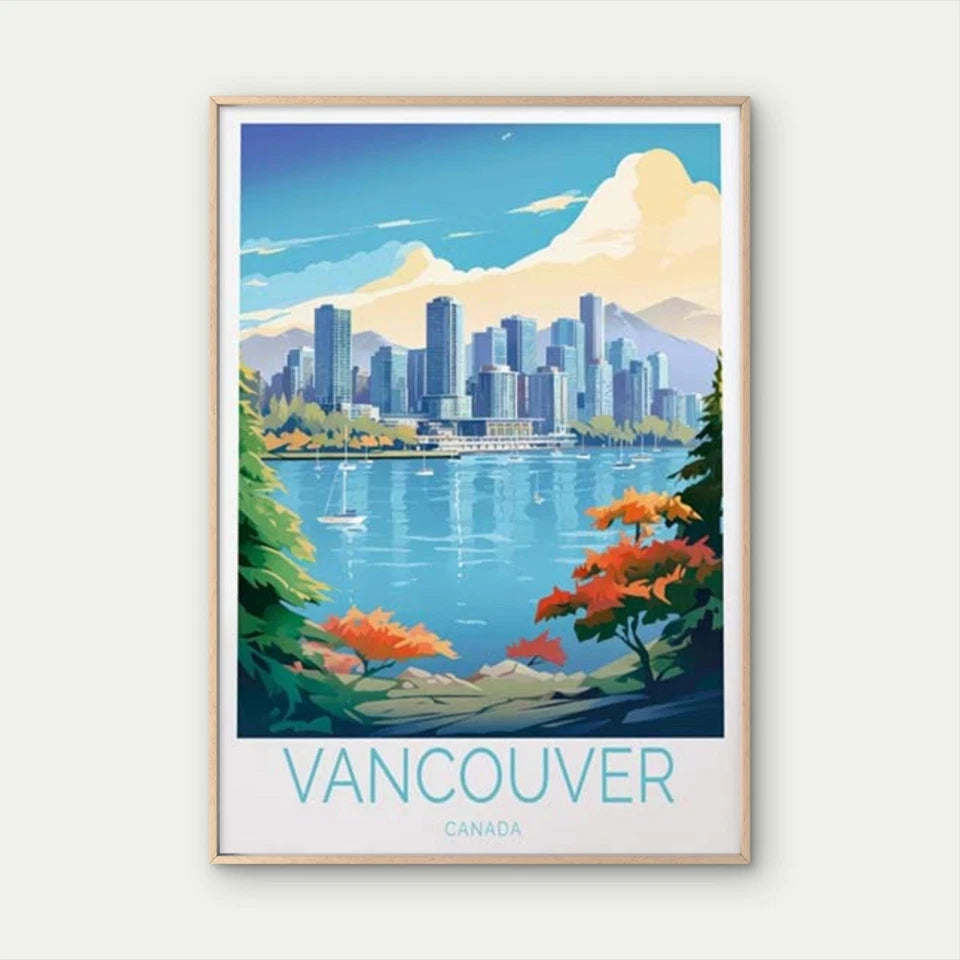 Vancouver Canada, Skyscraper & Lake View Travel Poster Print Wall Art - Bella Home Decor