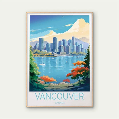 Vancouver Canada, Skyscraper & Lake View Travel Poster Print Wall Art - Bella Home Decor