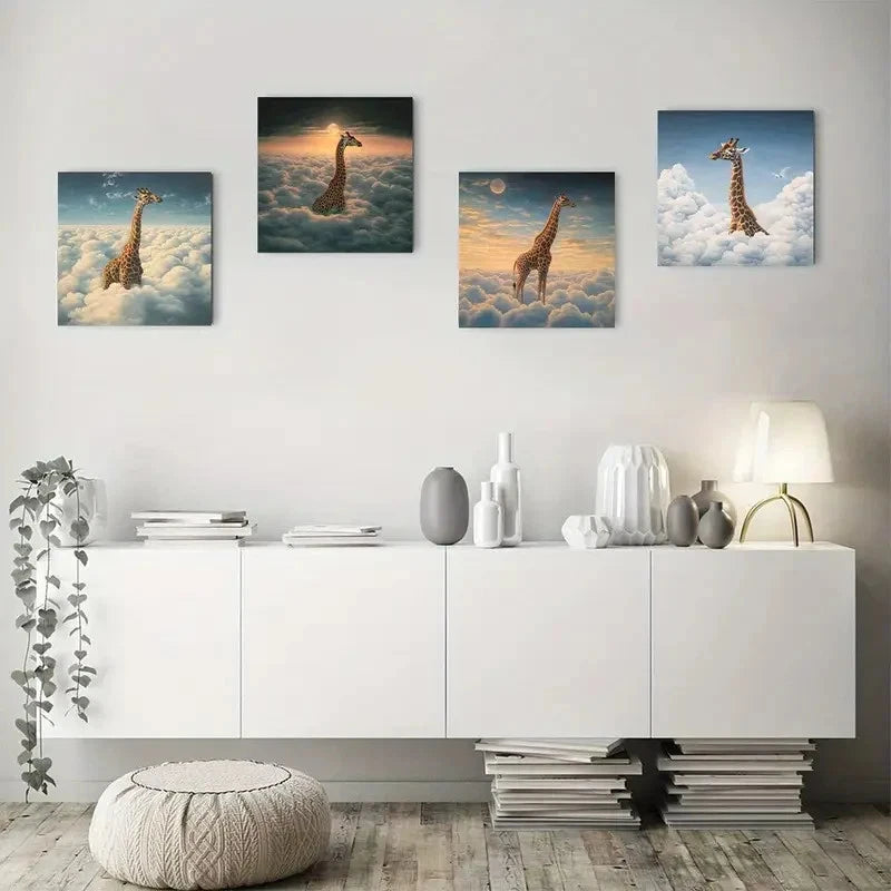 4pcs Giraffe Tree Wall Art Canvas Framed