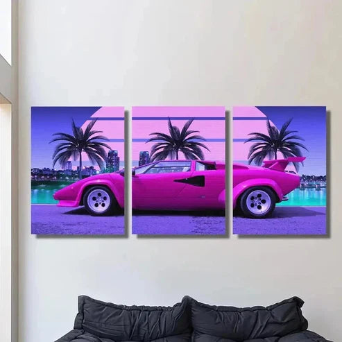 3pcs Vibrant Pink Sports Car Trees & Cityscape Wall Art Canvas Unframed – High Quality Print 100% Australian Made Wall Canvas