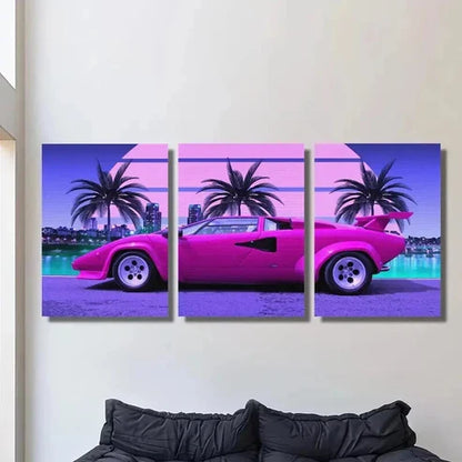 3pcs Vibrant Pink Sports Car Trees & Cityscape Wall Art Canvas Unframed – High Quality Print 100% Australian Made Wall Canvas
