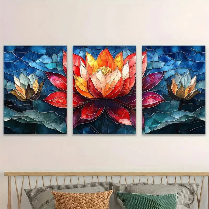 3pcs Lotus Flower Stained Glass Colorful Metal Print Ready to Hang Art - Bella Home Decor