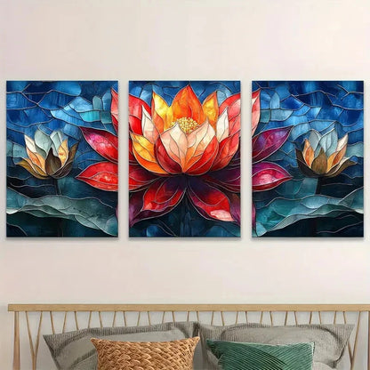3pcs Lotus Flower Stained Glass Colorful Metal Print Ready to Hang Art - Bella Home Decor