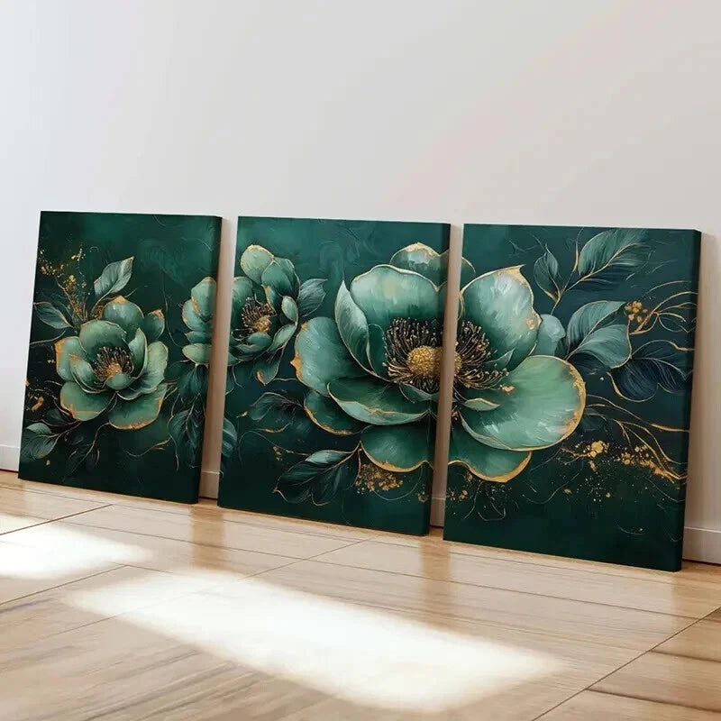 3pcs Teal Floral with Golden Accents Wall Art Set Canvas Framed 50x70cm - High Quality Print 100% Australian Made Wall Canvas Ready to Hang - Bella Home Decor