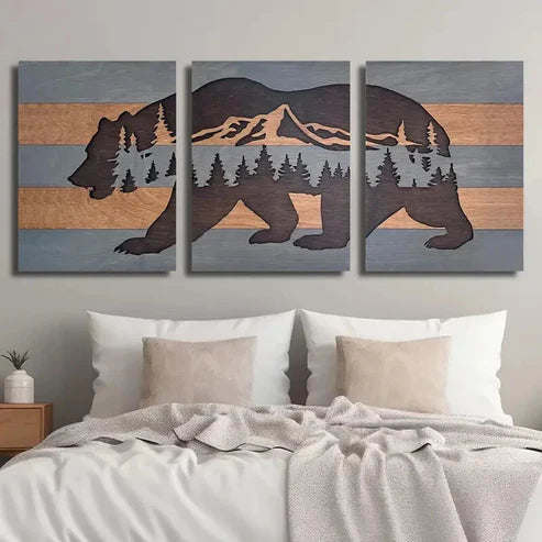 3pcs Woodcut Style Tree Forest Bear Wall Art Set Canvas Unframed - High Quality Print 100% Australian Made Wall Canvas