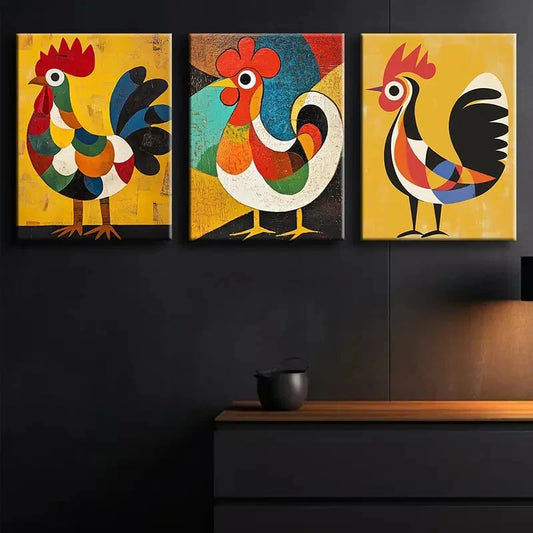 3pcs Abstract Rooster Colorful Perfect Perfect Art Set Canvas Framed 40x60cm - High Quality Print 100% Australian Made Wall Canvas Ready to Hang