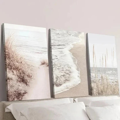 3pcs Sand Dunes Ocean Waves and Golden Grass Wall Art Canvas Unframed – High Quality Print 100% Australian Made Wall Canvas
