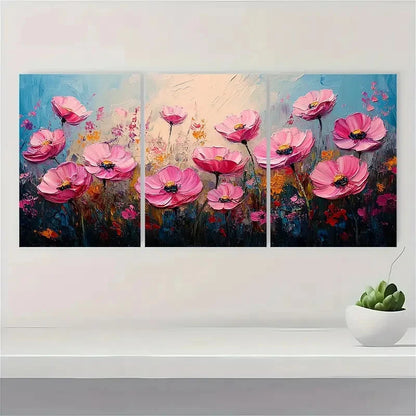 3pcs Flower Original Art Pink Meadow FO  Wall Art Set Canvas Framed 40x60cm - High Quality Print 100% Australian Made Wall Canvas Ready to Hang - Bella Home Decor