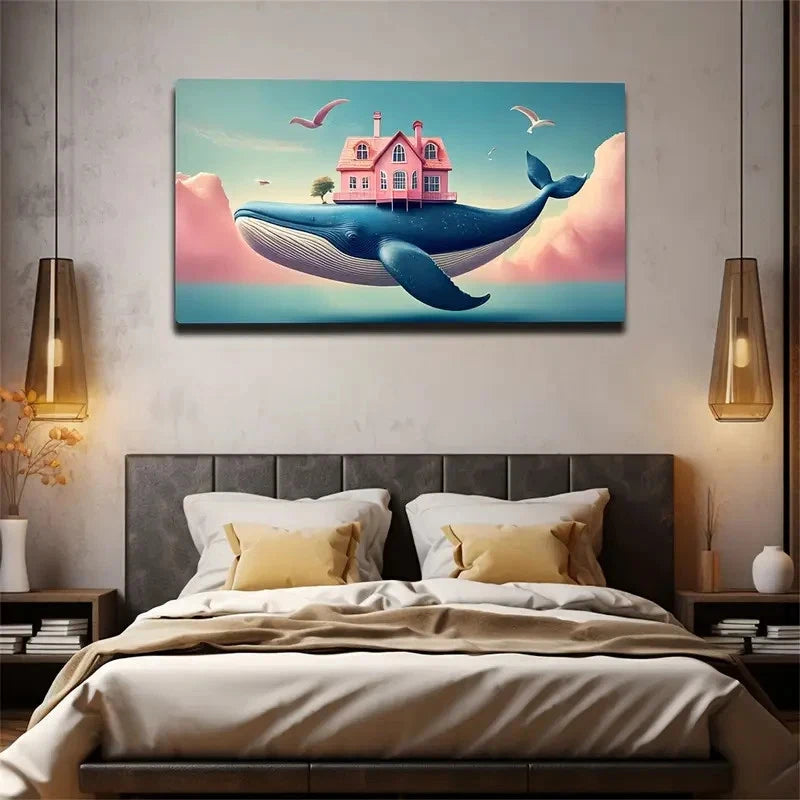 Pink House And A Big Blue Whale Wall Art Canvas Office Home Room Framed 120x60cm