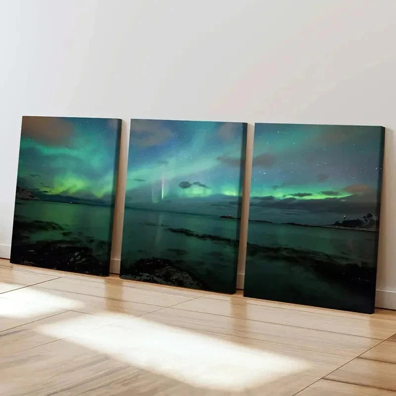 3pcs Nordic Nature Northern Lights Modern Wall Art Set Canvas Framed 50x70cm - High Quality Print 100% Australian Made Wall Canvas Ready to Hang