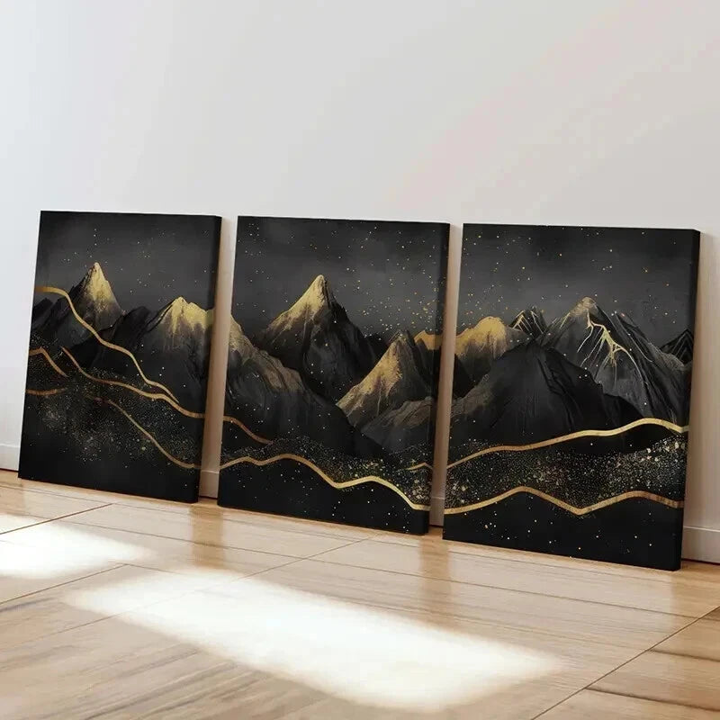 3pcs Mountains Night Sky Golden Lines Sparkles Wall Art Set Canvas Framed 50x70cm - High Quality Print 100% Australian Made Wall Canvas Ready to Hang - Bella Home Decor