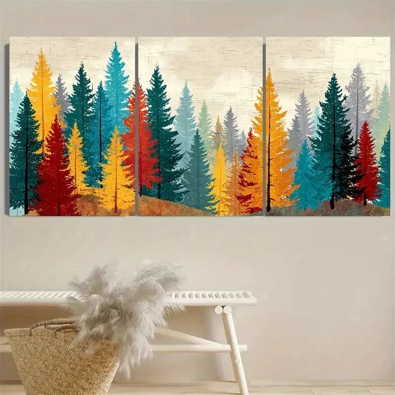 3pcs Retro Pine Tree Forest In The Fall Wall Art Set Canvas Framed 40x60cm - High Quality Print 100% Australian Made Wall Canvas Ready to Hang - Bella Home Decor